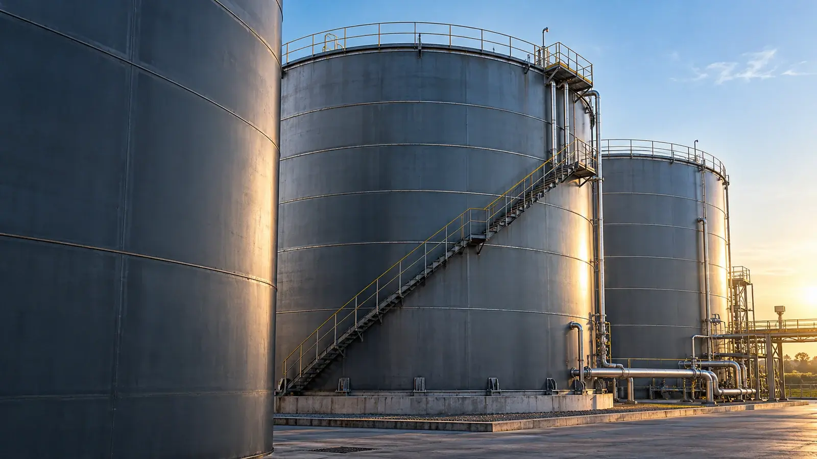 Illustrative view of welded industrial storage tanks with external access stairs