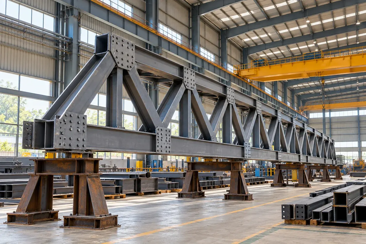 Illustrative steel fabrication workshop with a long-span truss and overhead crane