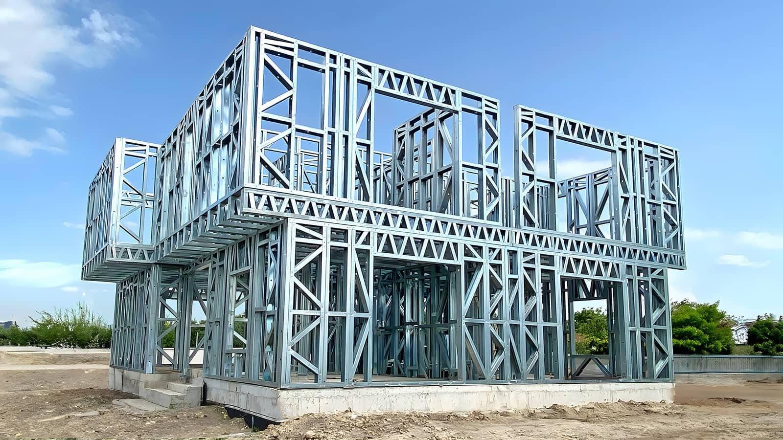 Example design showing the steel frame and truss roof of an Iron Truss House