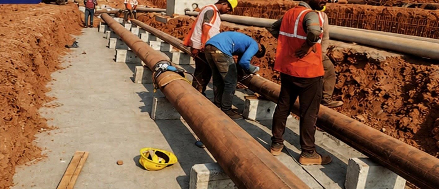 Crew aligning an MS pipeline on concrete supports at NTPC Solapur