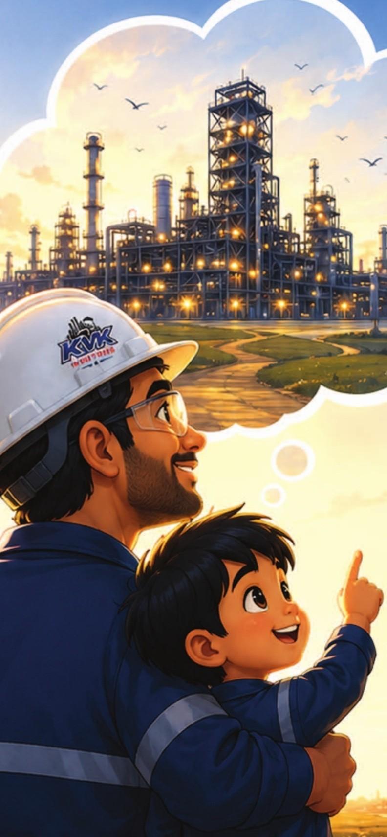 Illustration: a KVK engineer in a hard hat and his young son look up at an industrial plant, imagining what they will build.