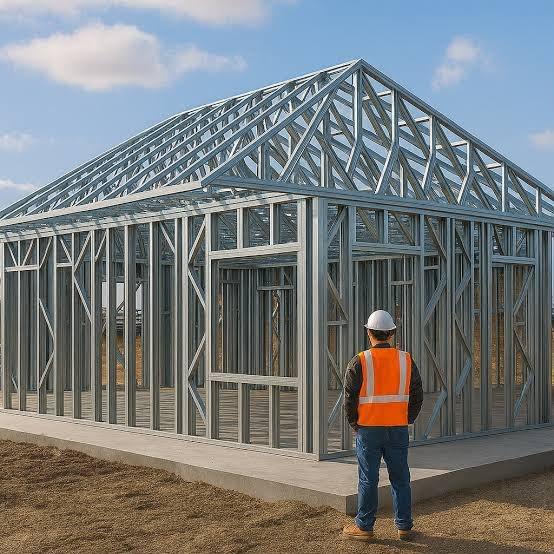 Single-storey steel frame with a steel truss roof, an engineer in the foreground