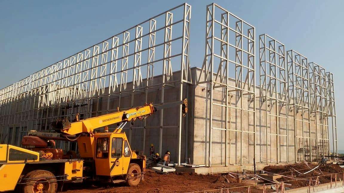 Steel façade frames erected around the terminal building at Manohar International Airport, Goa