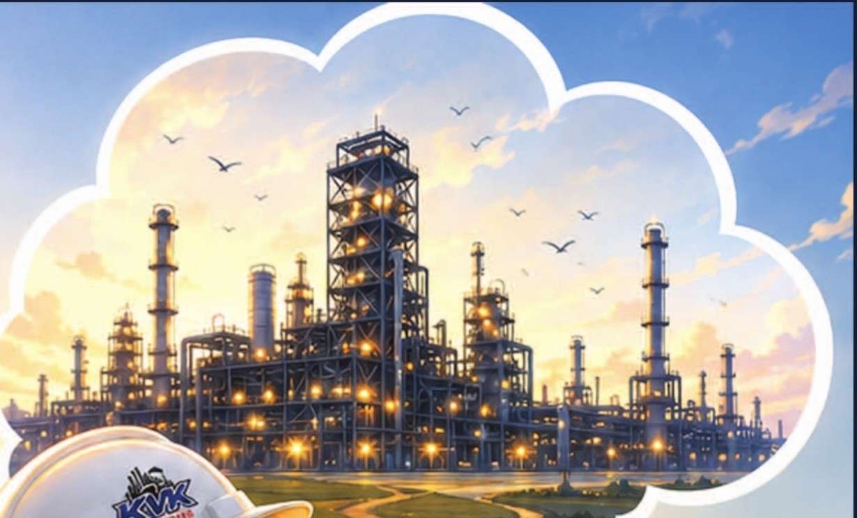 Illustration from the KVK profile book: a dream of an industrial plant at sunrise, framed in a thought cloud